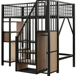 Lit Mezzanine 90x200 cm - Lit enfant en Métal Noir avec Rangement Intégré, Étagères et Escalier Sécurisé, Sans Matelas