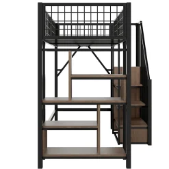 Lit Mezzanine 90x200 cm - Lit enfant en Métal Noir avec Rangement Intégré, Étagères et Escalier Sécurisé, Sans Matelas
