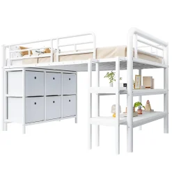 Lit Mezzanine 90x200 cm - Lit Enfant avec Tiroirs et Étagères, Angles Arrondis - Sans Matelas - Métal et MDF - Blanc