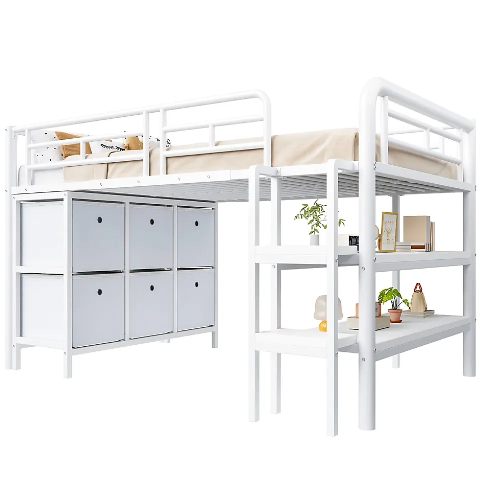 Lit Mezzanine 90x200 cm - Lit Enfant avec Tiroirs et Étagères, Angles Arrondis - Sans Matelas - Métal et MDF - Blanc