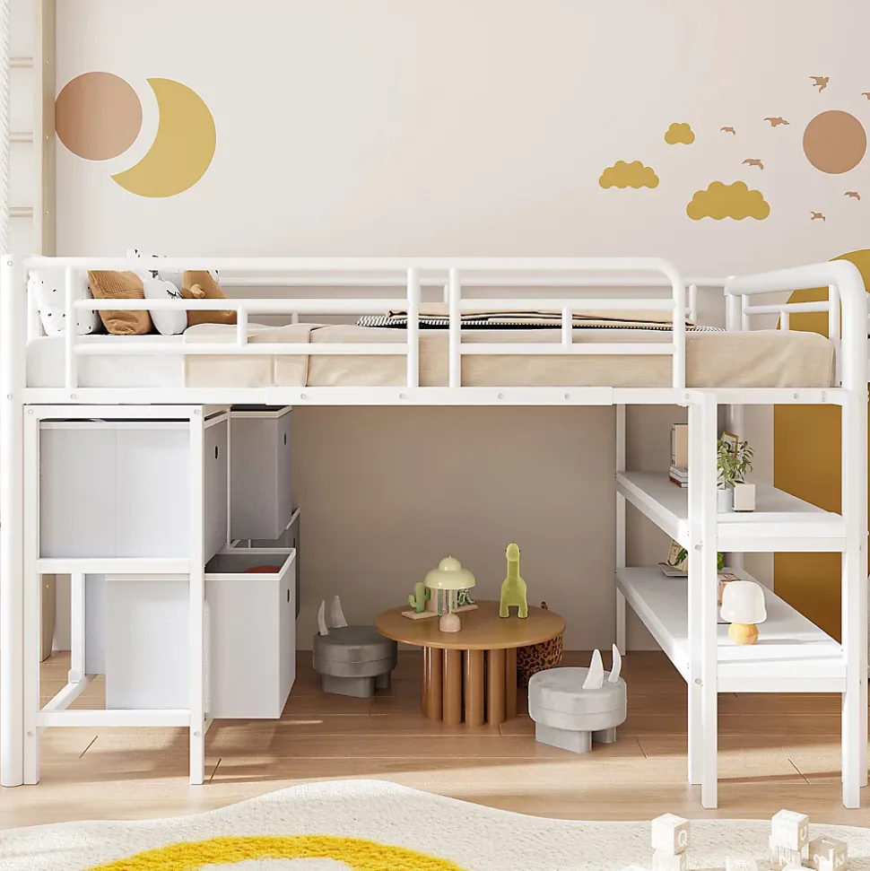 Lit Mezzanine 90x200 cm - Lit Enfant avec Tiroirs et Étagères, Angles Arrondis - Sans Matelas - Métal et MDF - Blanc