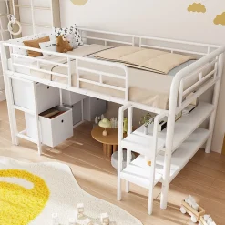 Lit Mezzanine 90x200 cm - Lit Enfant avec Tiroirs et Étagères, Angles Arrondis - Sans Matelas - Métal et MDF - Blanc