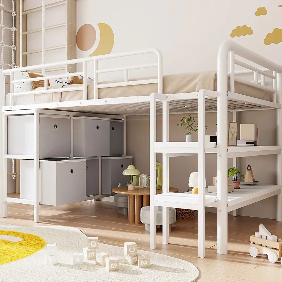 Lit Mezzanine 90x200 cm - Lit Enfant avec Tiroirs et Étagères, Angles Arrondis - Sans Matelas - Métal et MDF - Blanc