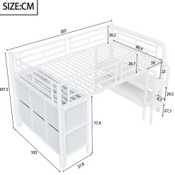 Lit Mezzanine 90x200 cm - Lit Enfant avec Tiroirs et Étagères, Angles Arrondis - Sans Matelas - Métal et MDF - Blanc