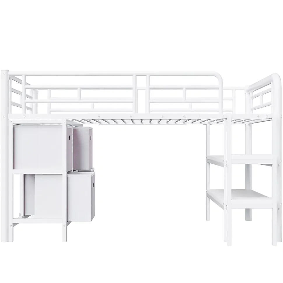 Lit Mezzanine 90x200 cm - Lit Enfant avec Tiroirs et Étagères, Angles Arrondis - Sans Matelas - Métal et MDF - Blanc