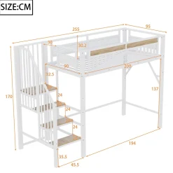 Lit Mezzanine 90x200 cm - Lit Enfant/Ado avec Escalier de Sécurité, Design Boule et Fenêtre, Métal Blanc
