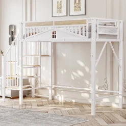 Lit Mezzanine 90x200 cm - Lit Enfant/Ado avec Escalier de Sécurité, Design Boule et Fenêtre, Métal Blanc