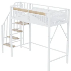 Lit Mezzanine 90x200 cm - Lit Enfant/Ado avec Escalier de Sécurité, Design Boule et Fenêtre, Métal Blanc