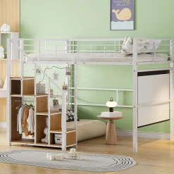 Lit Mezzanine 140x200 cm - Lit enfant en Métal Blanc avec Échelle de Sécurité et Rangement Intégré, Sans Matelas