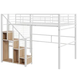 Lit Mezzanine 140x200 cm - Lit enfant en Métal Blanc avec Échelle de Sécurité et Rangement Intégré, Sans Matelas
