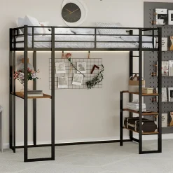 Lit Mezzanine 90x200 cm - Lit Enfant Metal avec Bureau en L, Garde-Corps et Échelle Réversible, Noir, sans Matelas