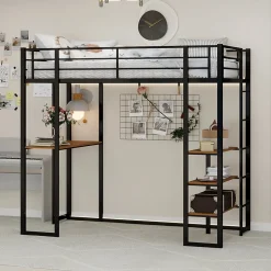 Lit Mezzanine 90x200 cm - Lit Enfant Metal avec Bureau en L, Garde-Corps et Échelle Réversible, Noir, sans Matelas