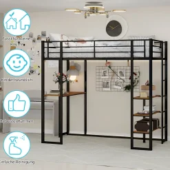 Lit Mezzanine 90x200 cm - Lit Enfant Metal avec Bureau en L, Garde-Corps et Échelle Réversible, Noir, sans Matelas