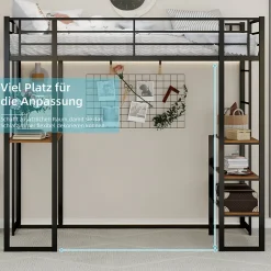 Lit Mezzanine 90x200 cm - Lit Enfant Metal avec Bureau en L, Garde-Corps et Échelle Réversible, Noir, sans Matelas