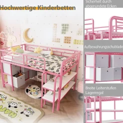 Lit Mezzanine 90x200 cm - Lit Enfant avec Tiroirs et Étagères, Angles Arrondis - Sans Matelas - Métal et MDF - Rose