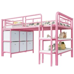 Lit Mezzanine 90x200 cm - Lit Enfant avec Tiroirs et Étagères, Angles Arrondis - Sans Matelas - Métal et MDF - Rose