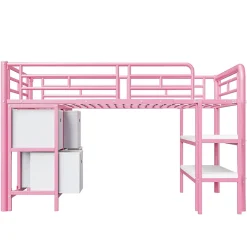 Lit Mezzanine 90x200 cm - Lit Enfant avec Tiroirs et Étagères, Angles Arrondis - Sans Matelas - Métal et MDF - Rose
