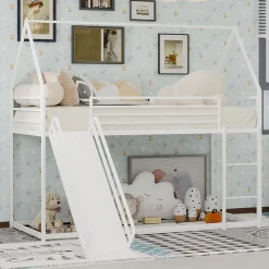 Lit Mezzanine 90x190 cm - Lit Enfant Simple Style Cabane avec Toboggan et Échelle Sécurisée - en Fer - sans Matelas - Blanc