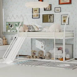 Lit Mezzanine 90x190 cm - Lit Enfant Simple Style Cabane avec Toboggan et Échelle Sécurisée - en Fer - sans Matelas - Blanc