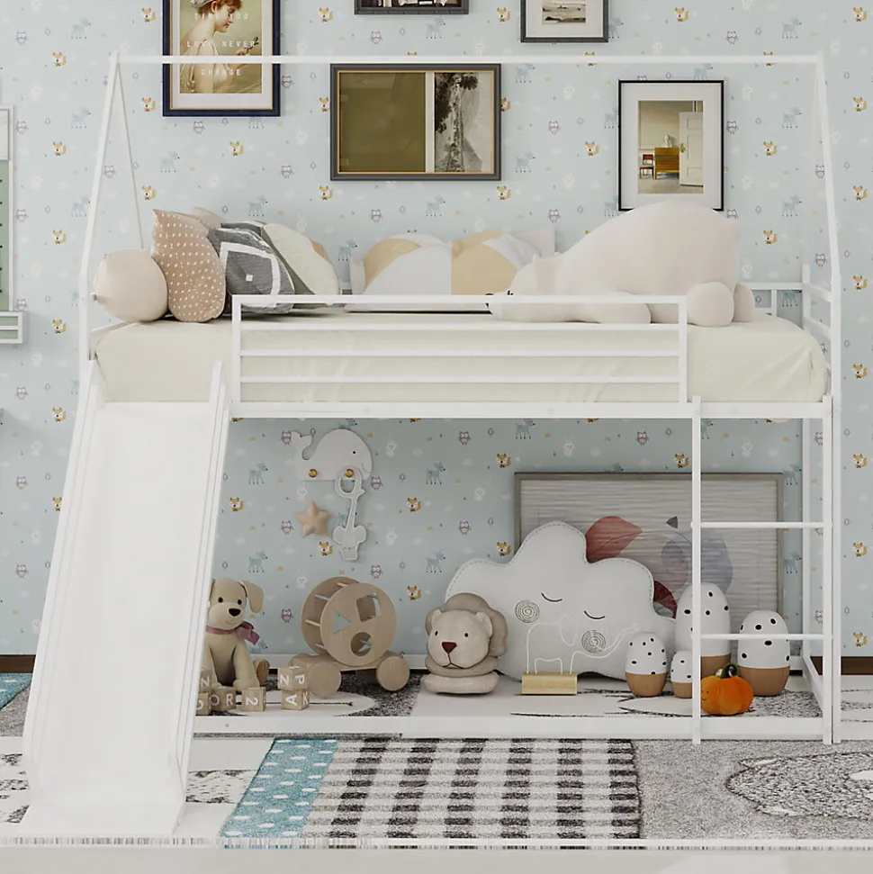 Lit Mezzanine 90x190 cm - Lit Enfant Simple Style Cabane avec Toboggan et Échelle Sécurisée - en Fer - sans Matelas - Blanc