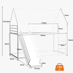 Lit Mezzanine 90x190 cm - Lit Enfant Simple Style Cabane avec Toboggan et Échelle Sécurisée - en Fer - sans Matelas - Blanc