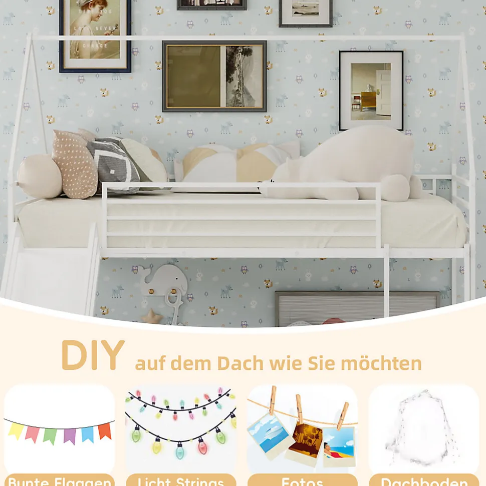 Lit Mezzanine 90x190 cm - Lit Enfant Simple Style Cabane avec Toboggan et Échelle Sécurisée - en Fer - sans Matelas - Blanc