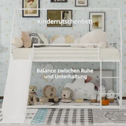 Lit Mezzanine 90x190 cm - Lit Enfant Simple Style Cabane avec Toboggan et Échelle Sécurisée - en Fer - sans Matelas - Blanc