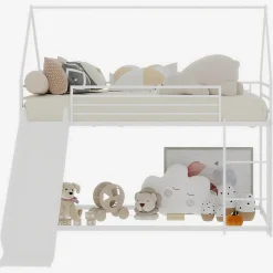 Lit Mezzanine 90x190 cm - Lit Enfant Simple Style Cabane avec Toboggan et Échelle Sécurisée - en Fer - sans Matelas - Blanc