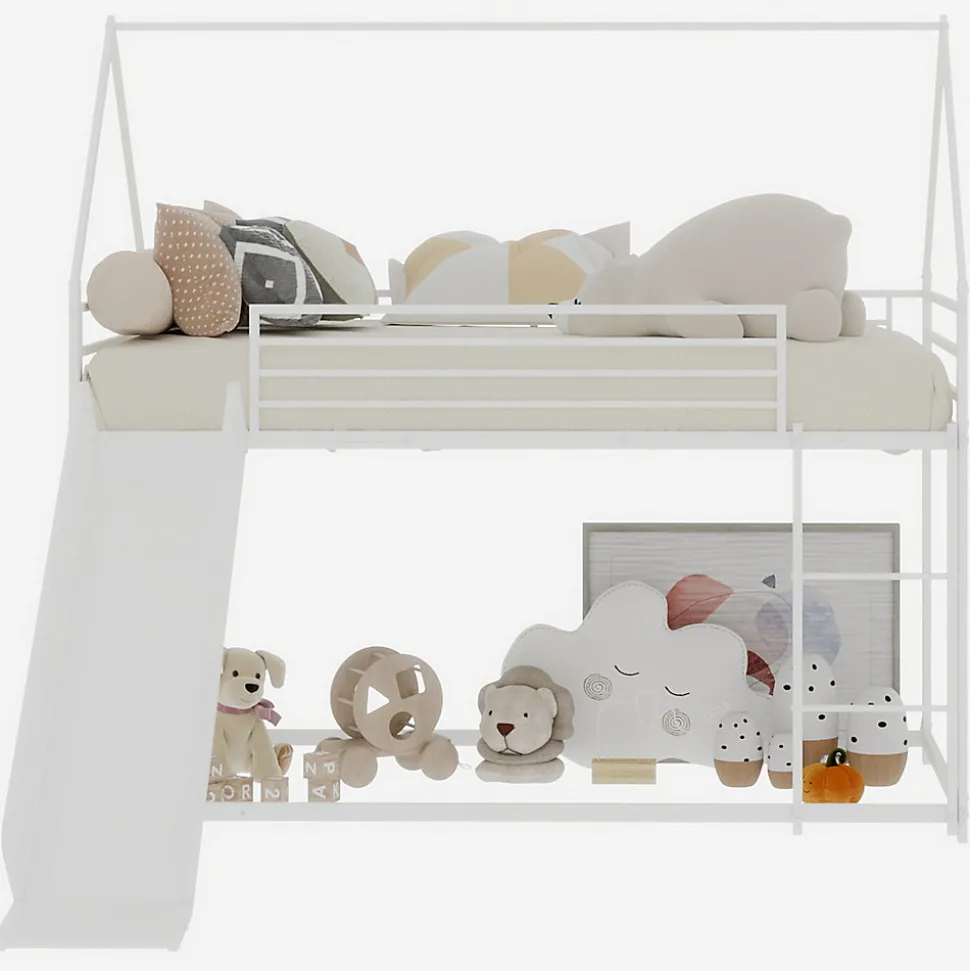 Lit Mezzanine 90x190 cm - Lit Enfant Simple Style Cabane avec Toboggan et Échelle Sécurisée - en Fer - sans Matelas - Blanc