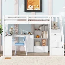 Lit Mezzanine 90x200 cm - Lit enfant avec Bureau et Rangement, Échelle, MDF - Sans Matelas - Blanc