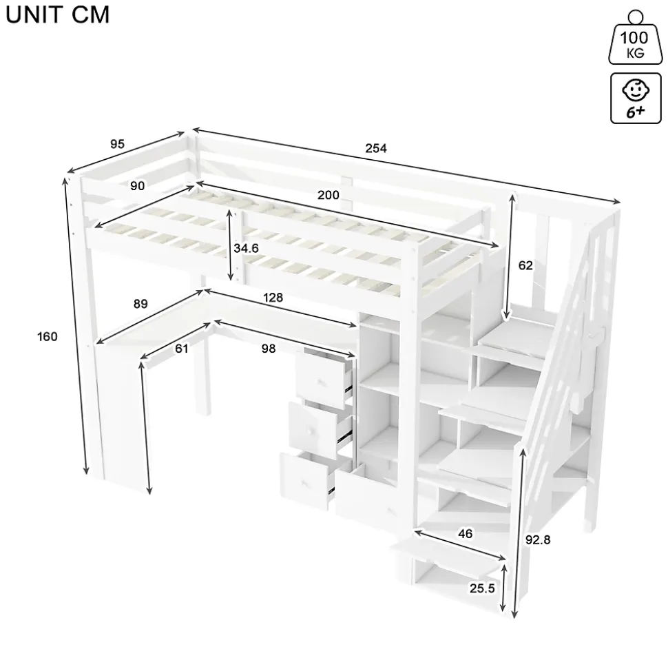 Lit Mezzanine 90x200 cm - Lit enfant avec Bureau et Rangement, Échelle, MDF - Sans Matelas - Blanc