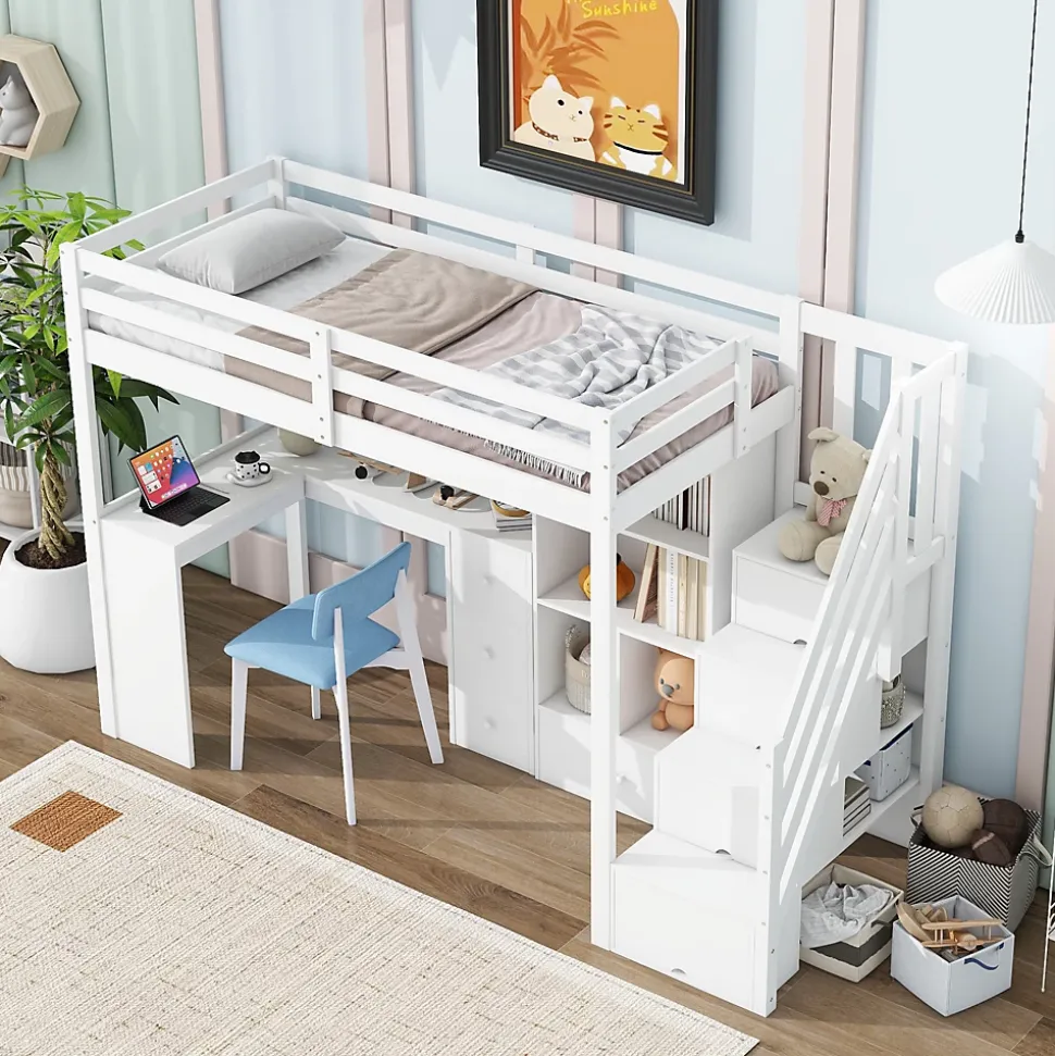 Lit Mezzanine 90x200 cm - Lit enfant avec Bureau et Rangement, Échelle, MDF - Sans Matelas - Blanc