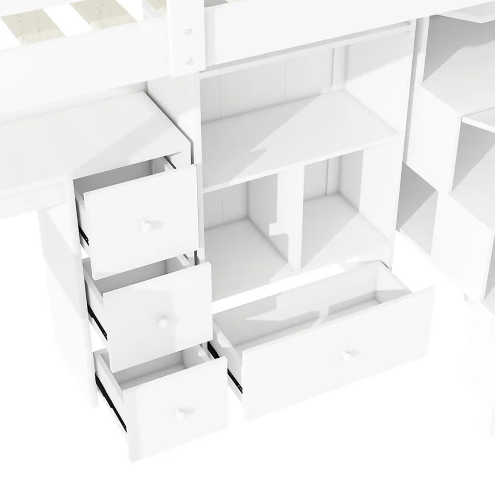Lit Mezzanine 90x200 cm - Lit enfant avec Bureau et Rangement, Échelle, MDF - Sans Matelas - Blanc