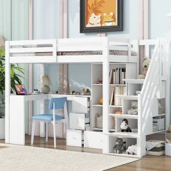 Lit Mezzanine 90x200 cm - Lit enfant avec Bureau et Rangement, Échelle, MDF - Sans Matelas - Blanc