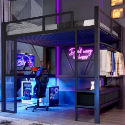 Lit Mezzanine 140x200 cm - Lit en Métal avec Bureau et Armoire ouverte, Tiroirs de Rangement, LED et USB, Sans Matelas, Noir