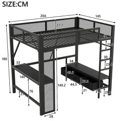 Lit Mezzanine 140x200 cm - Lit en Métal avec Bureau et Armoire ouverte, Tiroirs de Rangement, LED et USB, Sans Matelas, Noir