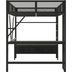 Lit Mezzanine 140x200 cm - Lit en Métal avec Bureau et Armoire ouverte, Tiroirs de Rangement, LED et USB, Sans Matelas, Noir
