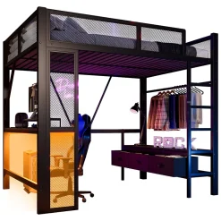 Lit Mezzanine 140x200 cm - Lit en Métal avec Bureau et Armoire ouverte, Tiroirs de Rangement, LED et USB, Sans Matelas, Noir