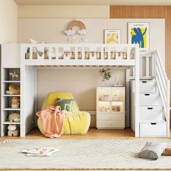 Lit Mezzanine 90x200 cm - Lit enfant avec Échelle et Rangement, Lit Combiné avec Espace de Rangement, Bois Massif - Blanc