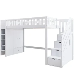 Lit Mezzanine 90x200 cm - Lit enfant avec Échelle et Rangement, Lit Combiné avec Espace de Rangement, Bois Massif - Blanc