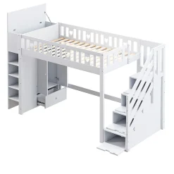 Lit Mezzanine 90x200 cm - Lit enfant avec Échelle et Rangement, Lit Combiné avec Espace de Rangement, Bois Massif - Blanc