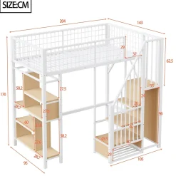 Lit Mezzanine 90x200 cm - Lit enfant et Adulte avec Rangement, Étagères et Escalier Sécurisé, Métal Blanc, Sans Matelas