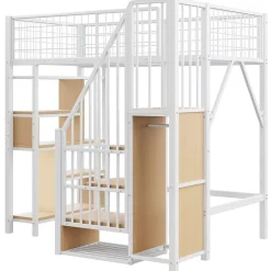 Lit Mezzanine 90x200 cm - Lit enfant et Adulte avec Rangement, Étagères et Escalier Sécurisé, Métal Blanc, Sans Matelas