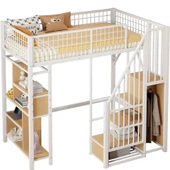 Lit Mezzanine 90x200 cm - Lit enfant et Adulte avec Rangement, Étagères et Escalier Sécurisé, Métal Blanc, Sans Matelas