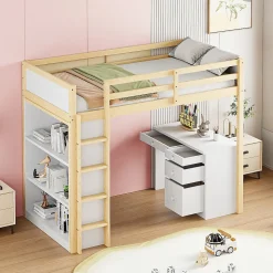 Lit Mezzanine 90x200 cm - Lit enfant avec Bureau et Rangement, Lit Combiné Bois Naturel et Blanc, Sans Matelas