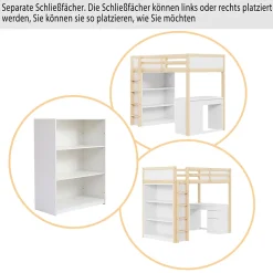 Lit Mezzanine 90x200 cm - Lit enfant avec Bureau et Rangement, Lit Combiné Bois Naturel et Blanc, Sans Matelas
