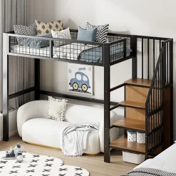 Lit Mezzanine 90x200 cm - Lit enfant avec Rangement, Étagères et Armoire Intégrée, Métal Noir, Échelle Sécurisée, Sans Matelas