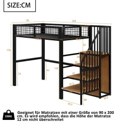 Lit Mezzanine 90x200 cm - Lit enfant avec Rangement, Étagères et Armoire Intégrée, Métal Noir, Échelle Sécurisée, Sans Matelas