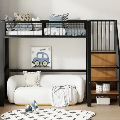 Lit Mezzanine 90x200 cm - Lit enfant avec Rangement, Étagères et Armoire Intégrée, Métal Noir, Échelle Sécurisée, Sans Matelas