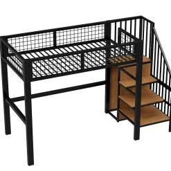 Lit Mezzanine 90x200 cm - Lit enfant avec Rangement, Étagères et Armoire Intégrée, Métal Noir, Échelle Sécurisée, Sans Matelas